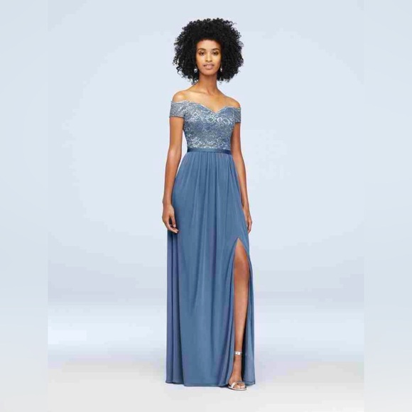 David's Bridal Steel Blue Off-Shoulder Lace Bridesmaid Dress - Picture 1 of 9